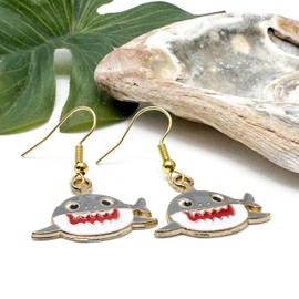 Shark Earrings, Cute Grey and White Enamel Charm Beads on Nickel Free Gold Tone Hooks : 38mm long, Funny Gift for Women, Ocean Sea Animal Lover Drop Earrings