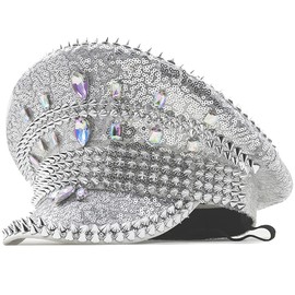 CXQRR Women's Rhinestone Burning Man Sequin Hat Music Festival Military Captain Hats Rave Hats for Festivel