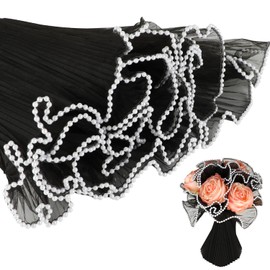 4.37 Yards Flower Wrapping Mesh Paper, Black Pearl Edge Wrinkled Bouquet Packaging Paper, Translucent DIY Floral Wrapping Paper for Party Favor Decor, Florist Supplies Wedding Gift Packaging, Black