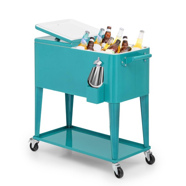 Magshion 80-Qt Blue Outdoor Patio Cooler with Locking Wheels, Cap Catcher, and Water Drain
