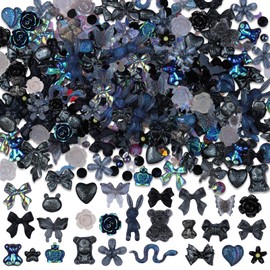 Kikonoke 100 Pieces 3D Resin Butterfly Bear Nail Charms Rose Flower Peach Skirt Bow Deer Snake Rabbit Animal Shaped Nail Art Rhinestones Pearls for DIY Nail Art Decoration Making Craft (Black)