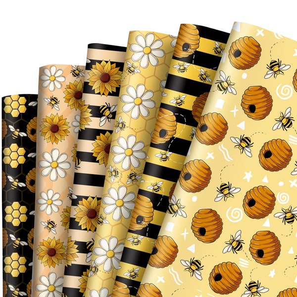 AnyDesign 12 Sheet Bumblebee Gift Wrapping Paper Yellow Black Bee Daisy Flower Gift Wrap Paper Bulk Folded Flat Spring Summer Art Paper for Birthday DIY Crafts, 19.7 x 27.6 Inch