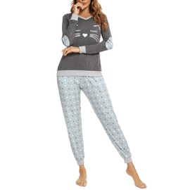 Enjoyoself Women's Cotton Long Sleeve Pajama Set Cute Cat Print Tops and Dot Pattern Bottom Sleepwear Loungewear