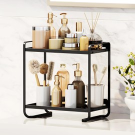 YASIRY 2-Tier Black Carbon Steel Bathroom Counter Organizer - Skincare Cosmetic Display Tray for Perfume, Bathroom, Coffee Bar, and Vanity Storage - Modern Countertop Organizer and Vanity Decor