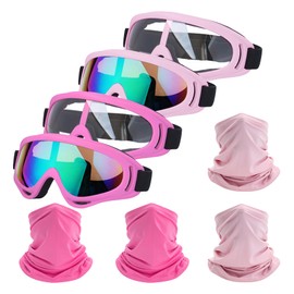 LJDJ Motorcycle Goggles,4 Pack Dirt Bike ATV Motocross Riding Offroad Protective with 4 Pack Neck Breathable Bandana Mask (Light Pink+Rose Pink)