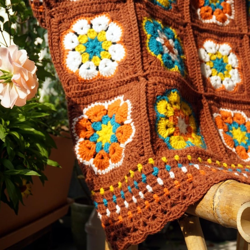 Handmade Granny Square Crochet Throw Blanket, Light Weight, Soft, Warm,
