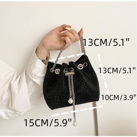 Anopo Full Rhinestones Bucket Clutch Bag Pearl Handbag Bridal Lady Sparkly Bling Evening Crossbody Purse Wedding Party Prom Black