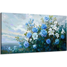 Nicetop Large Floral Canvas Wall Art - Modern Botanical Artwork Abstract Blue Rose White Lily Flower Bouquet Art Prints on Wrapped Canvas Nature Picture for Living Room Bedroom Home Decor 48x24 Inch