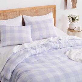 Wake In Cloud - Gingham Comforter Set, Plaid Buffalo Check Checkered Cottagecore Cute Geometric, Soft Lightweight Bedding, 3 Pieces, Light Purple, Twin/Twin XL Size