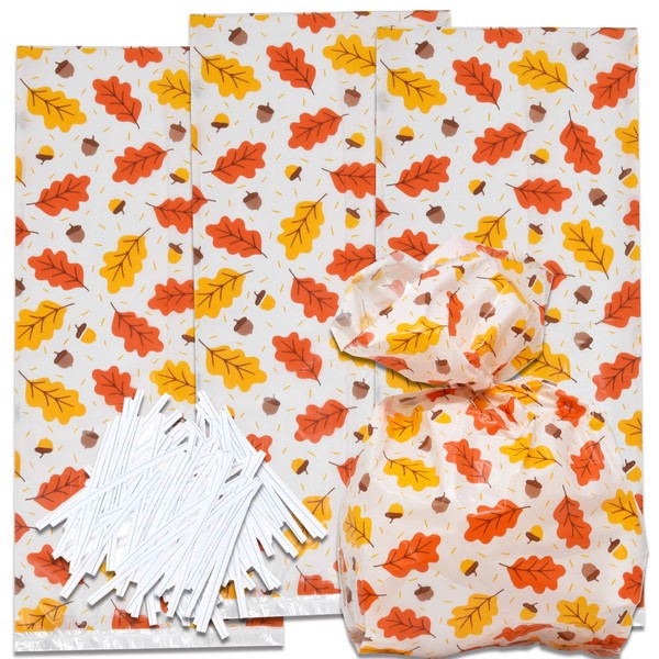 100 Thanksgiving Cellophane Bag Plastic Fall Leaves Treat Favor Bags Autumn Harvest Themed Birthday Party Supplies Decorations for Kids Classroom Reward, Carnival Candy Goodie Grab Bag Gift Boutique