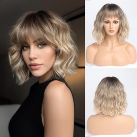 YaissmyLu Ombre Blonde Wigs for Women Ash Blonde Wig with Bangs Short Wavy Wigs Dirty Blonde Wig with Dark Roots Medium Length Synthetic Hair for Daily&Cosplay(12 Inch)