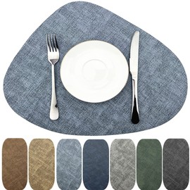 WAZAIGUR Washable Wipeable Waterproof Heat Resistant Faux Leather Placemats Set of 6,PU Palce Mats for Indoor and Outdoor,Easy to Clean Table Mats,Blue-Grey