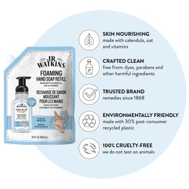 J.R. Watkins Foaming Hand Soap Refill, Moisturizing Foam Hand Wash, Formulated with Plant-Based Cleansers, Alcohol-Free, Cruelty-Free, Ocean Breeze, 28 fl oz, 2 Pack