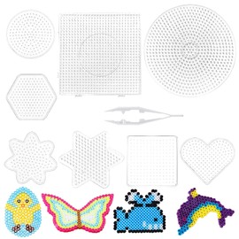 Leonshco Ironing Beads Plates Large Set, 8 Pieces Ironing Beads Templates, Square Round Various Patterns, Transparent Ironing Beads Stencils with 1 Tweezers, Beads Plates for Ironing Beads 5 mm