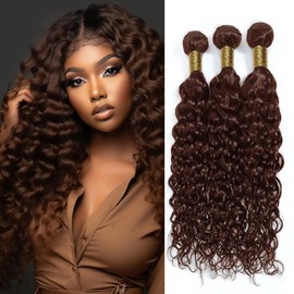 QEUOPE Dark Brown Water Wave Bundles Human Hair Color 4 Deep Water Wet and Wavy Bundles Double Weft Brazilian Hair Extensions Silky and Soft for Women (8 10 12 inch 3 Bundles)