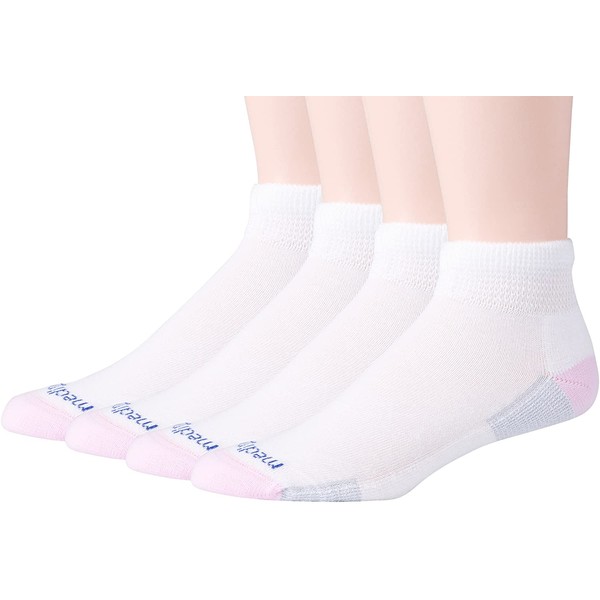 MediPEDS Women's Diabetic Quarter Socks with Nanoglide, 4 Pack, White with Pink, Shoe Size: 5-10