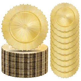 EI 20pcs Gold Charger Plates Bulk 13inch Plastic Chargers for Dinner Plate Disposable Golden Flash Reef Charger Plates Table Chargers for Family Party Wedding Birthday Afternoon Tea Decoration