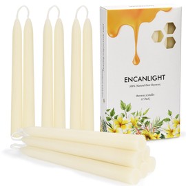 Beeswax Taper Candles, 8 Inch 12 Pack Natural Bees Wax Candle White - Smokeless, Dripless & Unscented Tapered Candles - 8 Hours Long Burning Time for Home Decor Party Dinner