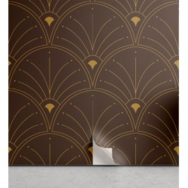 Ambesonne Art Deco Peel & Stick Wallpaper for Home, Classic Semi Circle Fan Like Motif Ornaments Geometric Vintage Scales, Self-Adhesive Living Room Kitchen Accent, 13" x 72", Dark Brown Sand Brown
