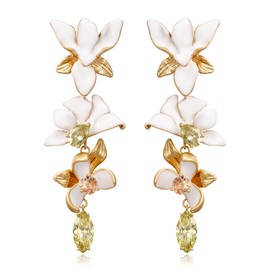 BriLove Flower Earrings for Women, Fashion Marquise Cubic Zirconia Rhinestone Enamel Long Floral Earrigns Mothers Day Birthday Jewelry Gifts Clear Gold-Tone