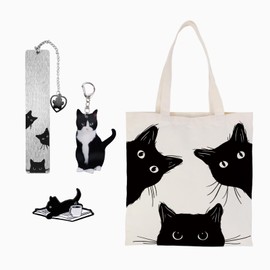 cmegke Black Cat Tote Bag Set Gifts for Cat Lovers, Book Lovers Gifts for Women, 4Pcs Bookish Reading Accessories for Readers Librarian, Includes Canvas Tote Bag, Bookmark, Brooch, keychain