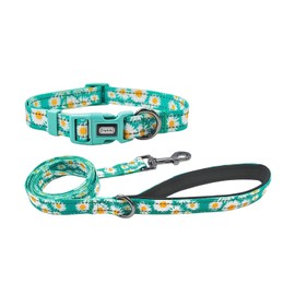 Olahibi Reflective Dog Collar Leash Set, 5ft or 150CM Matching Leash, Floral Pattern, Durable Nylon with Reflective Stripes, 4 Sizes for Small Medium Large Dogs.(S, Green Daisy)