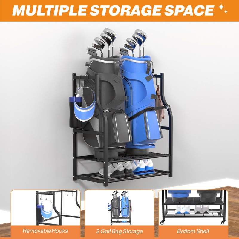 Ultrawall Wall Mount Golf Bag Organizer, 2 Golf Bag Storage