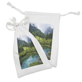 Ambesonne Landscape Fabric Pouch Set of 2, Photo of Zelenci Pond near Kranjska Gora in Slovenia Idyllic View Scenic Scenery, Small Drawstring Bag for Toiletries Masks and Favors, 9" x 6", Green Aqua