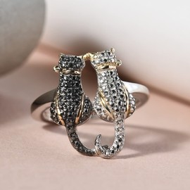 TJC White Diamond and Black Diamond Twin Cat Ring for Women Size T with Cute Animal in Platinum and Yellow Gold Plated 925 Sterling Silver April Birthstone Metal Wt. 3.65 Grams