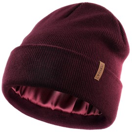 FURTALK Satin Lined Beanie for Women Men Knit Beanie Hat Acrylic Winter Hats Warm Slouchy Skull Cap Dark Wine