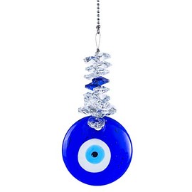 YU FENG Blue Glass Evil Eye Talisman with Crystal Beads - Good Luck Charm, Home, Office, Car Decoration, Blessing Ornament, Reflects Negative Energy