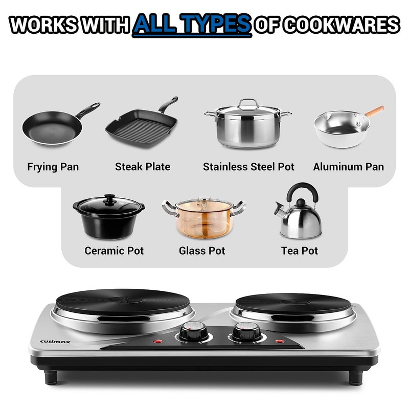 CUSIMAX Double Burners, 1800W Electric Hot Plate for Cooking Double