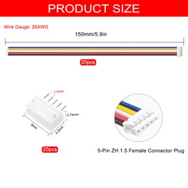 Lyeteung 20 Sets Mini Micro JST 1.5 ZH 5 Pin Connector Plug Male with 150mm 26AWG Cable & Female Connector