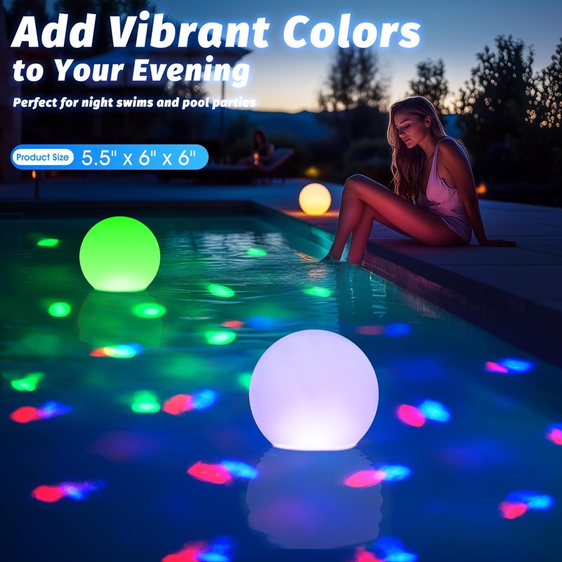 Floating Pool Lights, 6 Inch Light Up Pool Balls with