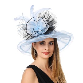 Women's Organza Church British Fascinator Bridal Tea Party Wedding Hat Summer Ruffles Cap(Hj-Light Blue Black)