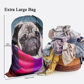 Swono Cute Pug Large Travel Laundry Bag Washable Wet Dry Bag Large Dirty Clothes Bag Puppy In The Scarf Bathing Suit Workout Bag for Gym Clothes Laundry Wet Clothes Swimming Yoga, Dog Portrait