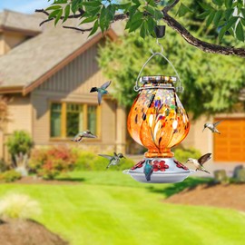 BOLITE Hummingbird Feeder, Hand Blown Glass Hummingbird Feeders for Outdoors Hanging, with 5 Feeding Ports, 22 Ounces, Orange, Birthday Gifts for Women Men, Gifts for Mom Dad