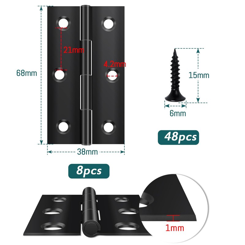 Yeepeo 8 Pcs Door Hinges 68mm × 38mm, Black Stainless