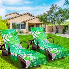 NISDOING Lounge Chair Towel Cover, (Pack of 2), Beach Chair Cover with Pockets, Pool Chair Covers for Outdoor Beach Furniture Sun Lounger, No Sliding, 85 X 30 in, Green Pink Leaves