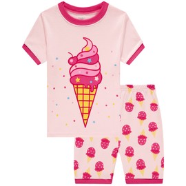 Popshion Girls Pajamas Short Sleeve 100% Cotton Toddler Girls Ice-Cream Pjs Summer Clothes Sleepwear Sets(6492-Pink Ice cream 6T)