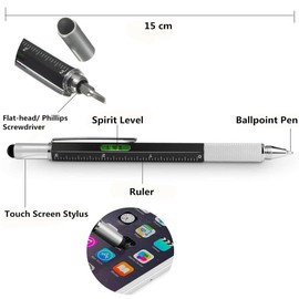 Multifunction Tool Pen, 6 in 1 Tool with Ballpoint Pen, Touch Screen Stylus, Ruler, Spirit Level, Flat-head and Phillips Screwdriver, All-in-One Tech-Tool Pen with 2 Ink refills (Black)