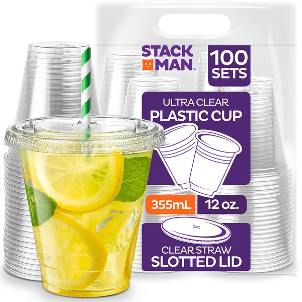 12 oz Clear Plastic Cups with Straw-Slot Lids [100 Sets] PET Crystal Clear Disposable 12oz Plastic Cups with Lids - Crystal Clear, Durable Cup. BPA Free + Crack Resistant, for Coffee, Juice, Shakes