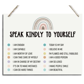 Therapy Office Wall Decor Sign - Aesthetic Positive Home and Girls Room Affirmation - Wood Sign to Cultivate Confidence and Speaking Kindly to Yourself