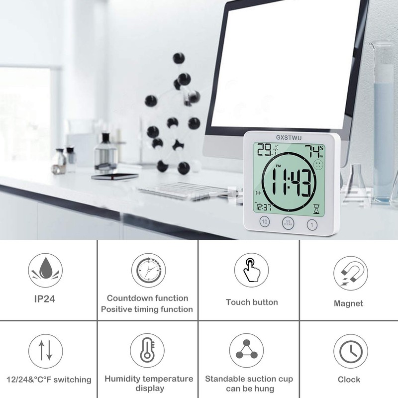 GXSTWU Digital Bathroom Clock Shower Timer with Alarm, Waterproof Clocks