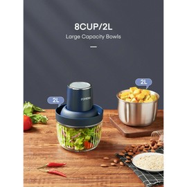 Electric Food Chopper with 2 Bowls/2L, 2 Sets Blades, FOHERE Meat Grinder & Veggie Chopper, Blue