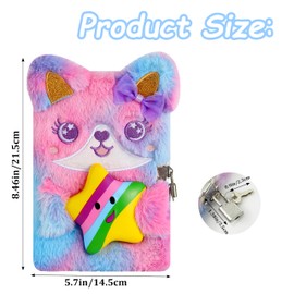 YankMooM Fox Diary with Lock for Girls, Blue Secret Kids Journal with Relief Pressing Toy Hardcover Fluffy Tie-Dye Notebook for Writing and Drawing