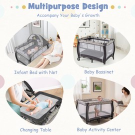 HONEY JOY Pack and Play, 4-in-1 Foldable Nursery Center with Full-Size Infant Bassinet & Diaper Changer, Portable Toddler Crib w/Mattress & Net, Music Box, Toys, Baby Playard w/Carry Bag, Gray