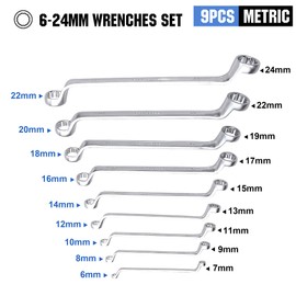 CRAFTZONE Metric Wrench Set 9 PC 6-24mm Wrench Sets 75-Degree Double Offset Box End Spanner Wrench Set CR-V Steel with Rolling Pouch