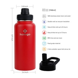 honogo 32 oz Powder Coated Double Wall Vacuum Insulated Sports Water Bottle, 18/8 Stainless Steel Wide Mouth Thermal Flask with Straw Lid & Spout Lid, Leak Proof, Sweat Free, BPA Free (Red, 32 oz)