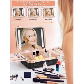 Kalolary Travel Makeup Train Cases with Lighted Mirror 3 Color Setting, Makeup Bag Cosmetic Case Organizer Adjustable Brightness Portable Makeup Storage Box For Makeup Brushes Accessories Tools,Black